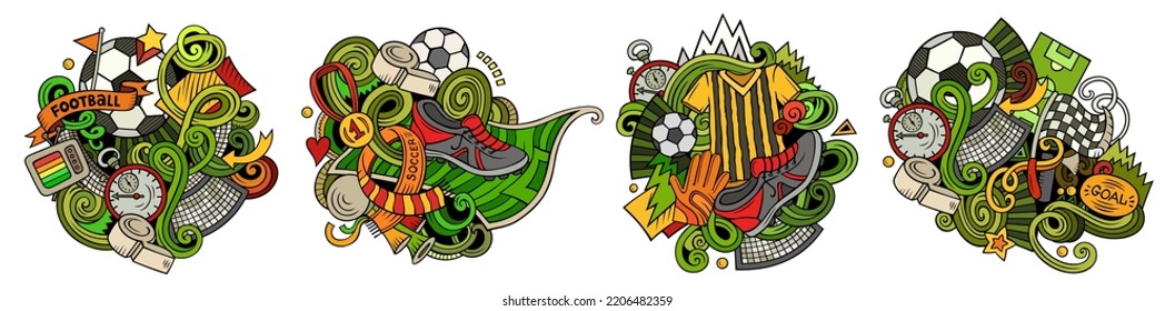 Football cartoon vector doodle designs set. Colorful detailed compositions with lot of soccer objects and symbols. Isolated on white illustrations