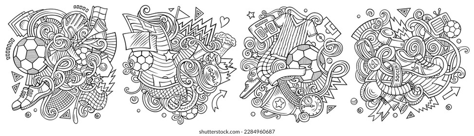 Football cartoon vector doodle designs set. Sketchy detailed compositions with lot of soccer objects and symbols