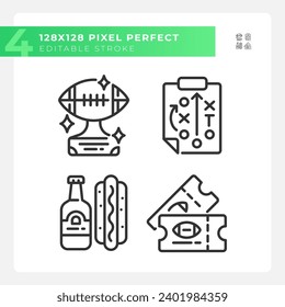 Football celebration linear icons set. Trophy for champions. Stadium food. Football match tickets. Playbook. Customizable thin line symbols. Isolated vector outline illustrations. Editable stroke