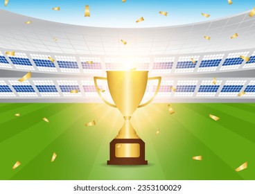 Football Champion Cup. Golden Trophy Cup for Football Championship in Arena. Football Championship Celebration in Soccer Stadium.