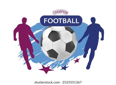 Football champion poster. Purple and blue silhouette of man hitting ball. Active lifestyle and team sports. Competition and tournament. Flat vector illustration isolated on white background