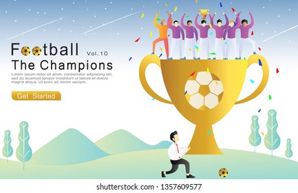 Football The Champions flat vector illustration concept. the team wins the championship, the coach and the player lift the gold cup. natural landscape background. for landing page, web, flyer, banner.