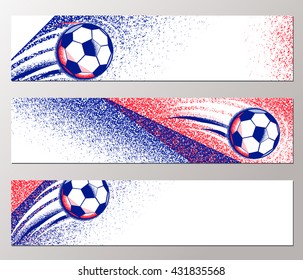 Football championship 2016 horizontal banner with ball, field, france flag colors. Roughness texture. French tournament broadsheet. Soccer poster. Football background vector set for web or print