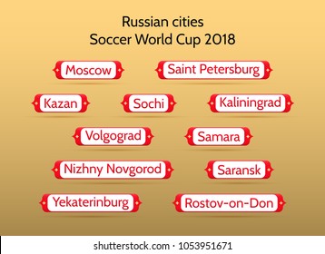 Football championship 2018 in Russian cities. Vector badges with names of 11 Russian cities in which will be held matches