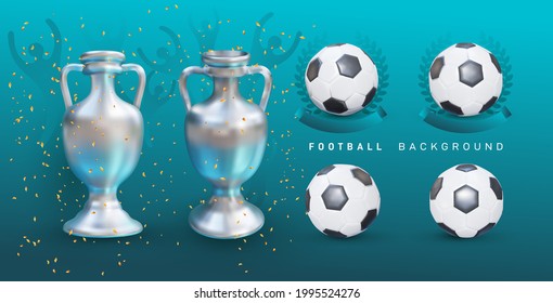 Football championship 2020 background. Design background soccer or football texture. Realistic balls and cups for the winner. Poster championship trend wallpaper. Vector stock illustration.