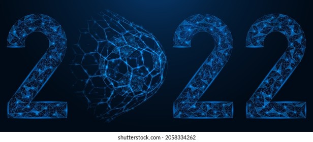 Football Championship 2022. The goal of the ball into the net. A low-poly construction of lines and dots. Blue background.