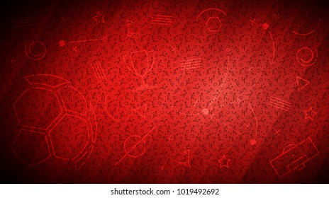 Football championship background. Vector illustration of abstract red soccer background with different icons and football players pattern for your graphic and web design