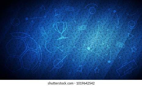 Football championship background. Vector illustration of abstract blue soccer background with different icons and football players pattern for your graphic and web design