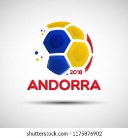 Football championship banner. Flag of Andorra. Vector illustration of abstract soccer ball with Andorran national flag colors for your design