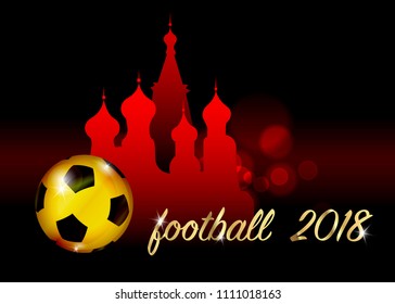 Football championship banner. Vector illustration of abstract golden soccer ball with skyline St. Basil's Cathedral in Moscow, for your design logo template football Russia 2018