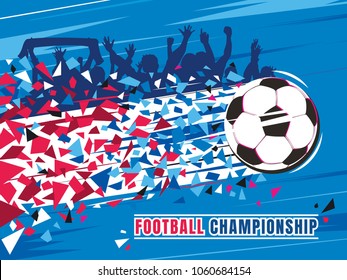 Football championship concept vector illustration. Flying soccer ball with speed trace and splinters of russian flags colors, silhouettes of fans on background.