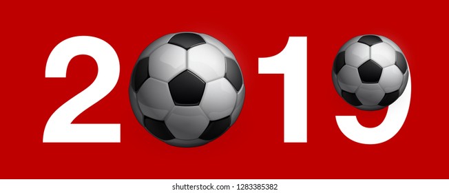 Football championship Design 2019 banner. Illustration banner with logo Realistic soccer ball and a blue stripe Isolated on white background. black and white classic leather football ball with ribbon