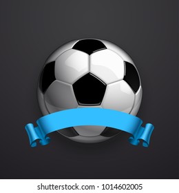 Football championship Design banner. Illustration banner with logo Realistic soccer ball and a blue stripe Isolated on black background. black and white classic leather football ball with ribbon
