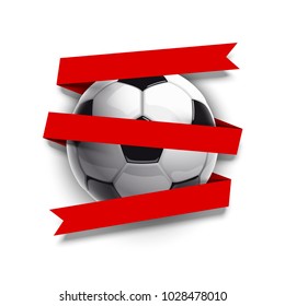 Football championship Design banner. Illustration banner with logo Realistic soccer ball and a red stripe Isolated on white background. black and white classic leather football ball with ribbon