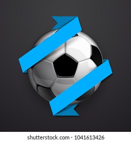 Football championship Design banner. Illustration banner with logo Realistic soccer ball and a blue stripe Isolated on black background. black and white classic leather football ball with ribbon
