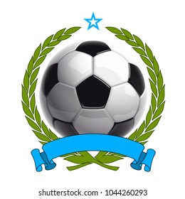 Football championship Design banner. Illustration banner with logo Realistic soccer ball and a blue stripe Isolated on white background. black and white classic leather football ball with ribbon