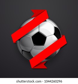 Football championship Design banner. Illustration banner with logo Realistic soccer ball and a red stripe Isolated on black background. black and white classic leather football ball with ribbon