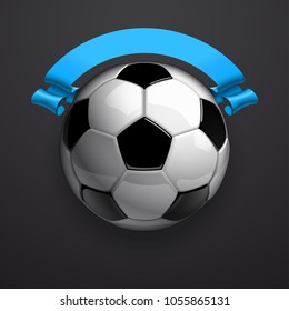 Football championship Design banner. Illustration banner with logo Realistic soccer ball and a blue stripe Isolated on black background. black and white classic leather football ball with ribbon