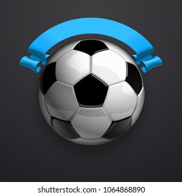 Football championship Design banner. Illustration banner with logo Realistic soccer ball and a blue stripe Isolated on black background. black and white classic leather football ball with ribbon