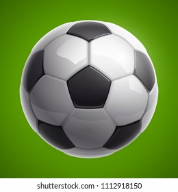 Football championship Design banner. Illustration banner with logo Realistic white glossy soccer ball Isolated on background. black and white classic leather football ball