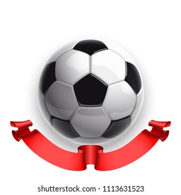 Football championship Design banner. Illustration banner with logo Realistic soccer ball and a red stripe Isolated on white background. black and white classic leather football ball with ribbon