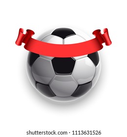 Football championship Design banner. Illustration banner with logo Realistic soccer ball and a red stripe Isolated on white background. black and white classic leather football ball with ribbon