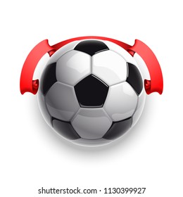 Football championship Design banner. Illustration banner with logo Realistic soccer ball and a red stripe Isolated on white background. black and white classic leather football ball with ribbon