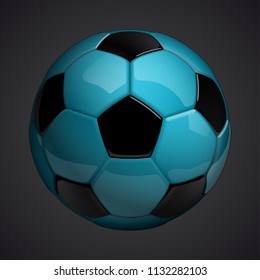 Football championship Design banner. Illustration banner with logo Realistic blue glossy soccer ball Isolated on background. blue classic leather football ball