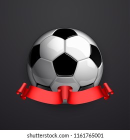 Football championship Design banner. Illustration banner with logo Realistic soccer ball and a red stripe Isolated on black background. black and white classic leather football ball with ribbon