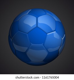 Football championship Design banner. Illustration banner with logo Realistic blue glossy soccer ball Isolated on background. blue classic leather football ball