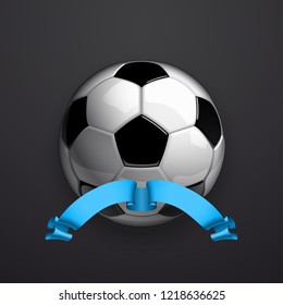 Football championship Design banner. Illustration banner with logo Realistic soccer ball and a blue stripe Isolated on black background. black and white classic leather football ball with ribbon