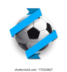 Football championship Design banner. Illustration banner with logo Realistic soccer ball and a blue stripe Isolated on white background. black and white classic leather football ball with ribbon