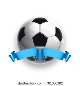 Football championship Design banner. Illustration banner with logo Realistic soccer ball and a blue stripe Isolated on white background. black and white classic leather football ball with ribbon