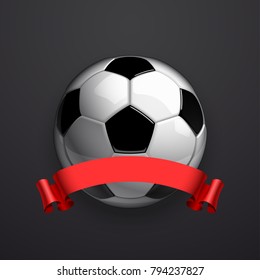 Football championship Design banner. Illustration banner with logo Realistic soccer ball and a red stripe Isolated on black background. black and white classic leather football ball with ribbon