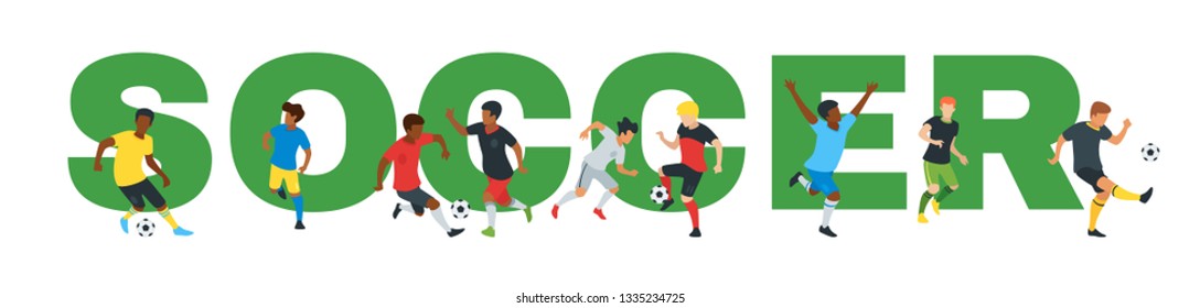 Football championship design element or card. Typography banner template with man silhouettes playing in front of a big letters with soccer text. Vector illustration.
