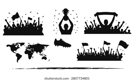Football championship design elements featuring cheering fans, trophy winner, world map, boot, and supporter silhouettes.
