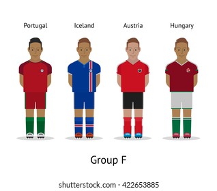 Football championship in France 2016. National soccer players kit Group F - Portugal, Iceland, Austria, Hungary. Vector illustration.