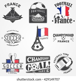 Football Championship of France set. Soccer time. Detailed elements. Typographic labels, stickers, logos and badges. Flat vector illustration