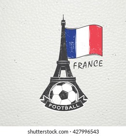 Football Championship of France. Soccer time. Detailed elements. Old retro vintage grunge. Scratched, damaged, dirty effect. Typographic labels, stickers, logos and badges. Flat vector illustration