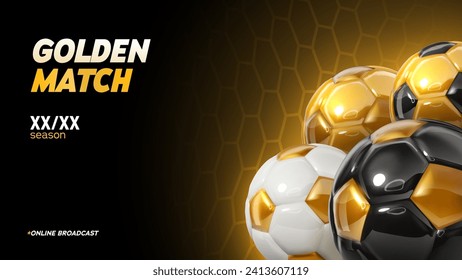 Football championship with golden balls vector banner. Soccer league match game layout template on orange background. Sport advertising poster.