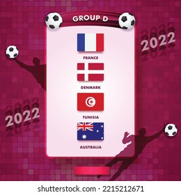 Football Championship Group D match fixture and schedule chart. France, Sweden, Tunisia and Australia flag for soccer cup games. Editable vector Eps10.