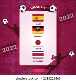 Football Championship Group E match fixture and schedule chart. Spain, Germany, Japan and Costa Rica flag for soccer cup games. Editable vector Eps10.