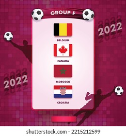 Selección de partidos del Grupo F del Campeonato de Fútbol y carta de horarios. Bandera de Bélgica, Canadá, Marruecos y Croacia para partidos de fútbol. Vector Editable Eps10.