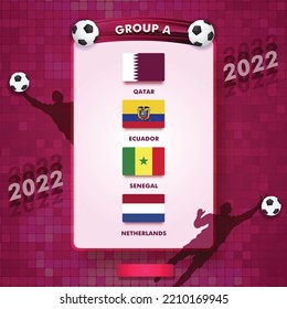 Football Championship Group A match fixture and schedule chart. Qatar, Ecuador, Senegal and Netherlands flag for soccer cup games. Editable vector Eps10.