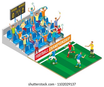 Football championship isometric composition with spectators on stadium tribune gamers on field and board with score of match vector illustration