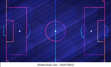 Football championship light background. Vector illustration of abstract glowing neon colored soccer field and hexagon grid pattern over blue background