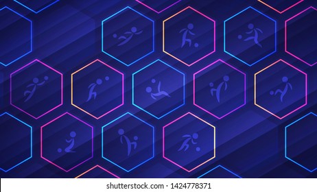 Football championship light background. Vector illustration of abstract glowing neon colored hexagon cells and soccer player icons over blue background