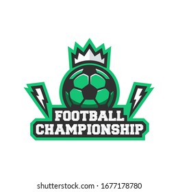 Football championship logo, poster. Soccer logo template with thunderbolts, soccer ball and crown icons. Label, badge, poster, logo design. Vector illustration