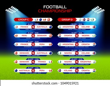 Football championship match schedule in Russia 2018, calendar template, date, time & location, vector illustration