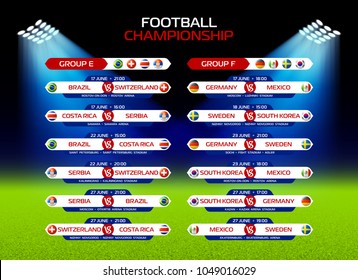 Football championship match schedule in Russia 2018, calendar template, date, time & location, vector illustration